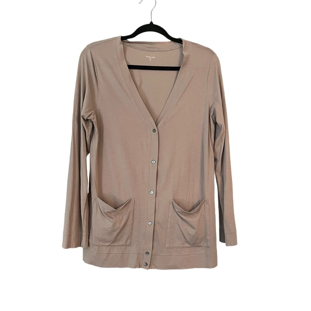 Garnet Hill Light Brown Light Cardigan M Pockets Green Cotton Minimalist Cozy